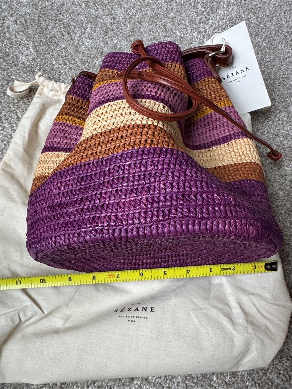 Sezane Farrow Woven Striped Drawstring Bucket Bag - Picture 9 of 10